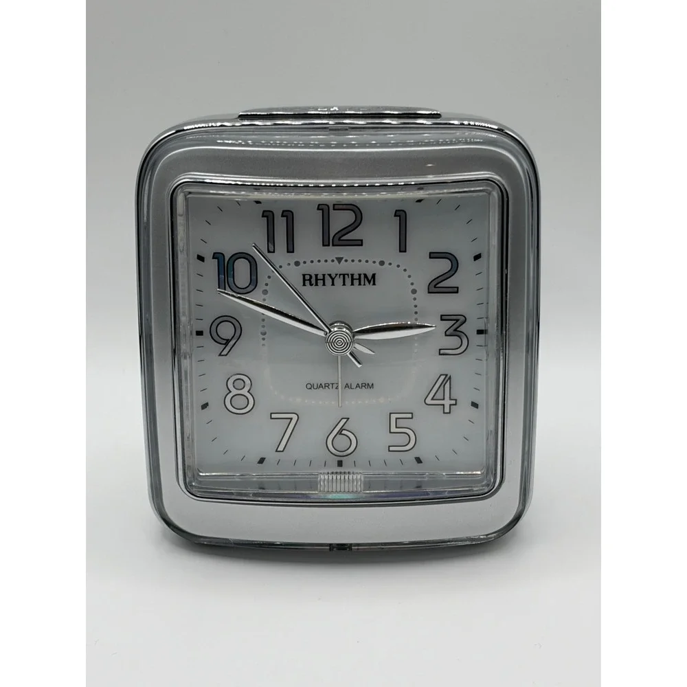 Rhythm Silver Quartz Alarm Clock Snooze Night Light Square Analog Desktop Travel